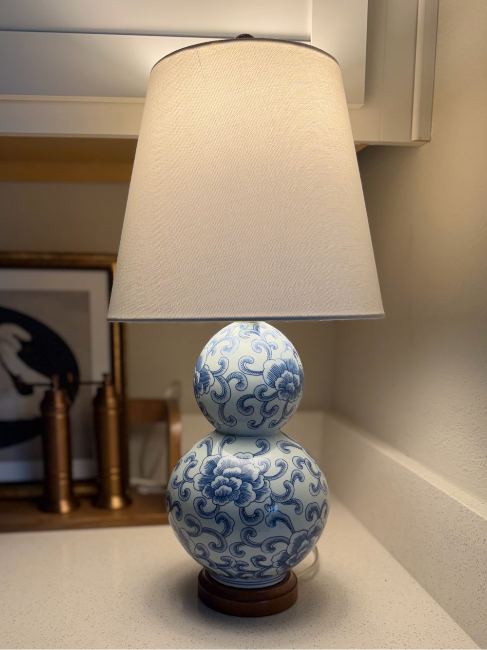 Ralph Lauren Petite Chinoiserie Blue & White Double Gourd Lotus Flower Lamp